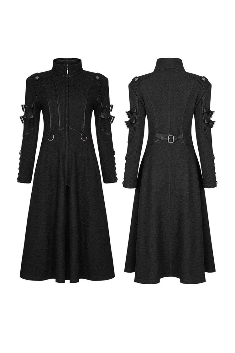Black Punk Stand Up Collar Metal Buckle Crack Leather Strap Decoration Lace Up Cuff Woolen Women's Coat