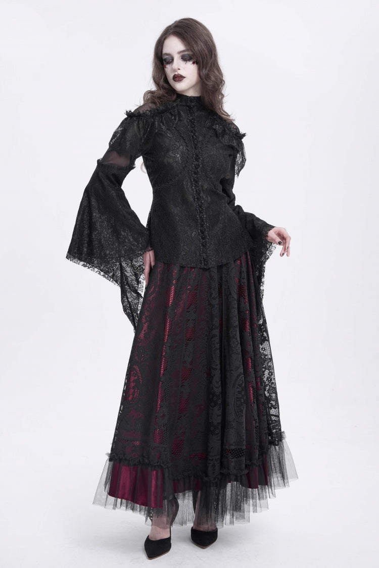 Black Stand Collar Long Trumpet Sleeves Embroidery Stitching Lace Women's Gothic Blouse