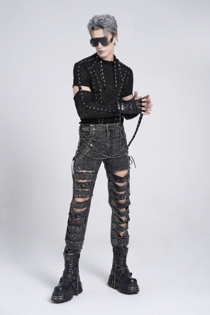 Black Ripped Rivet Men's Punk Pants with Chain