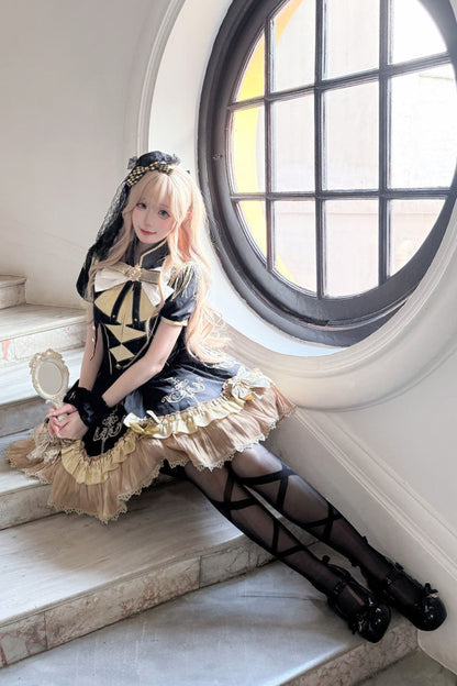 Black [Gilded Oath] Short Sleeves Double-Layered Ruffle Embroidery Bowknot Gothic Lolita Dress