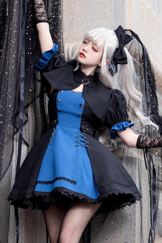 Black/Blue [Night Liana] Ruffle Bowknot Lace-Up Sweet Japanese Lolita Jumper Dress Set