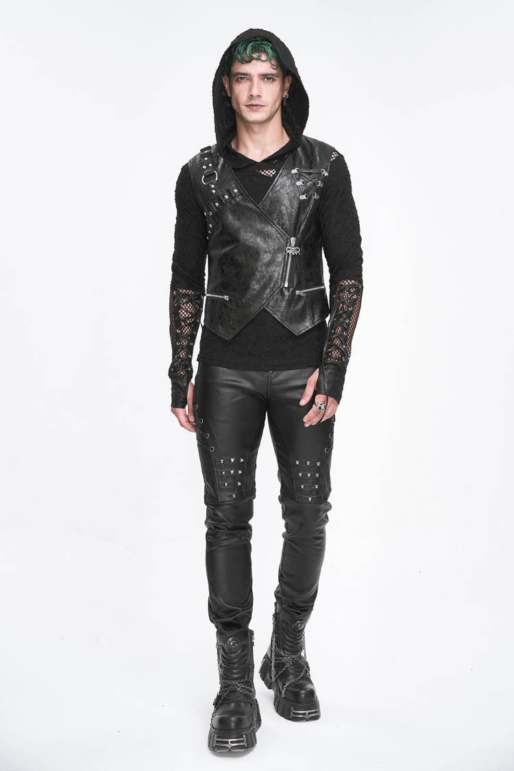 Black Zipper Faux Leather Men's Punk Waistcoat