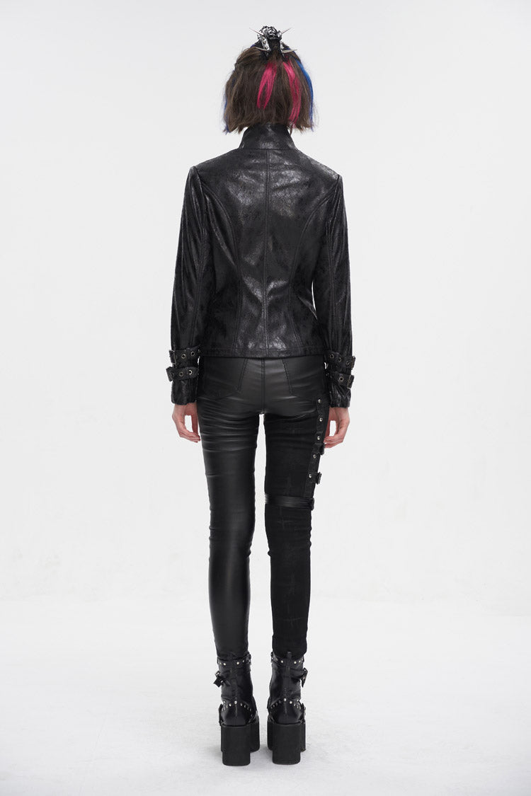 Black Stand Collar Crackled Buckle Women's Punk Jacket