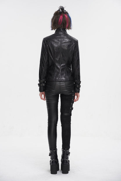 Black Stand Collar Crackled Buckle Women's Punk Jacket