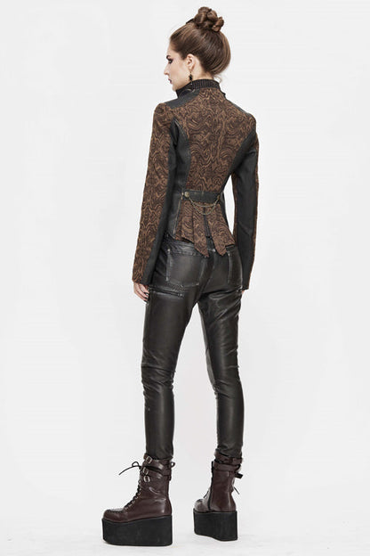 Brown Jacquard Slim Print Short Womens Punk Jacket