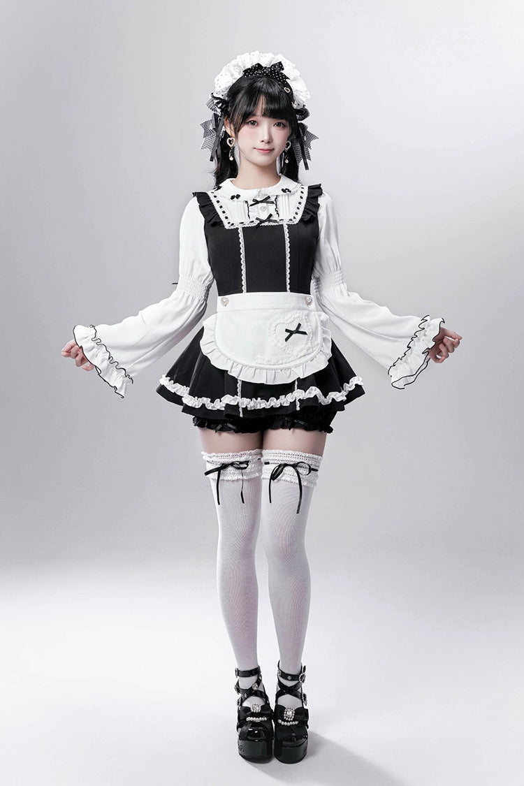 Black/White [Showcase Doll] Japanese Maid-Style Long Sleeves Ruffle Bowknot Jirai Kei Japanese Dress Shorts Set with Detachable Apron