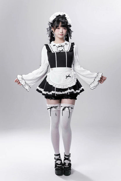 Black/White [Showcase Doll] Japanese Maid-Style Long Sleeves Ruffle Bowknot Jirai Kei Japanese Dress Shorts Set with Detachable Apron