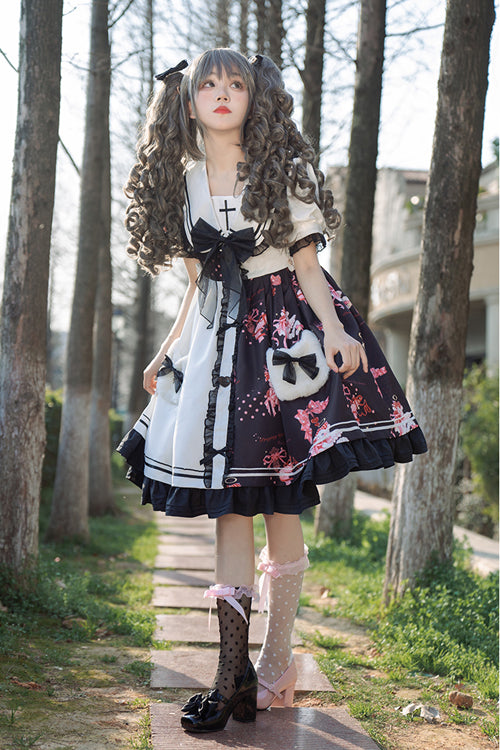 Black/White Navy Collar Short Sleeves Strawberry Bear Print Ruffled Hem Sweet Lolita Dress