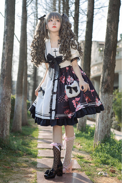 Black/White Navy Collar Short Sleeves Strawberry Bear Print Ruffled Hem Sweet Lolita Dress