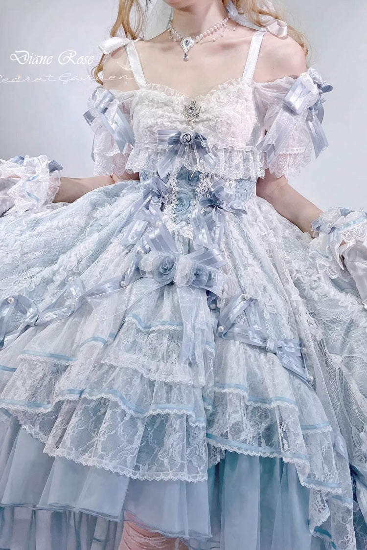 Blue [Diane Rose] Short Sleeves Multi-Layered Jacquard Ruffle Hanayome Cardigan Bowknot Lace Sweet Lolita Dress