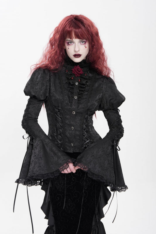 Black Stand Collar Long Puff Sleeves Floral Jacquard Lace-Up Women's Gothic Blouse