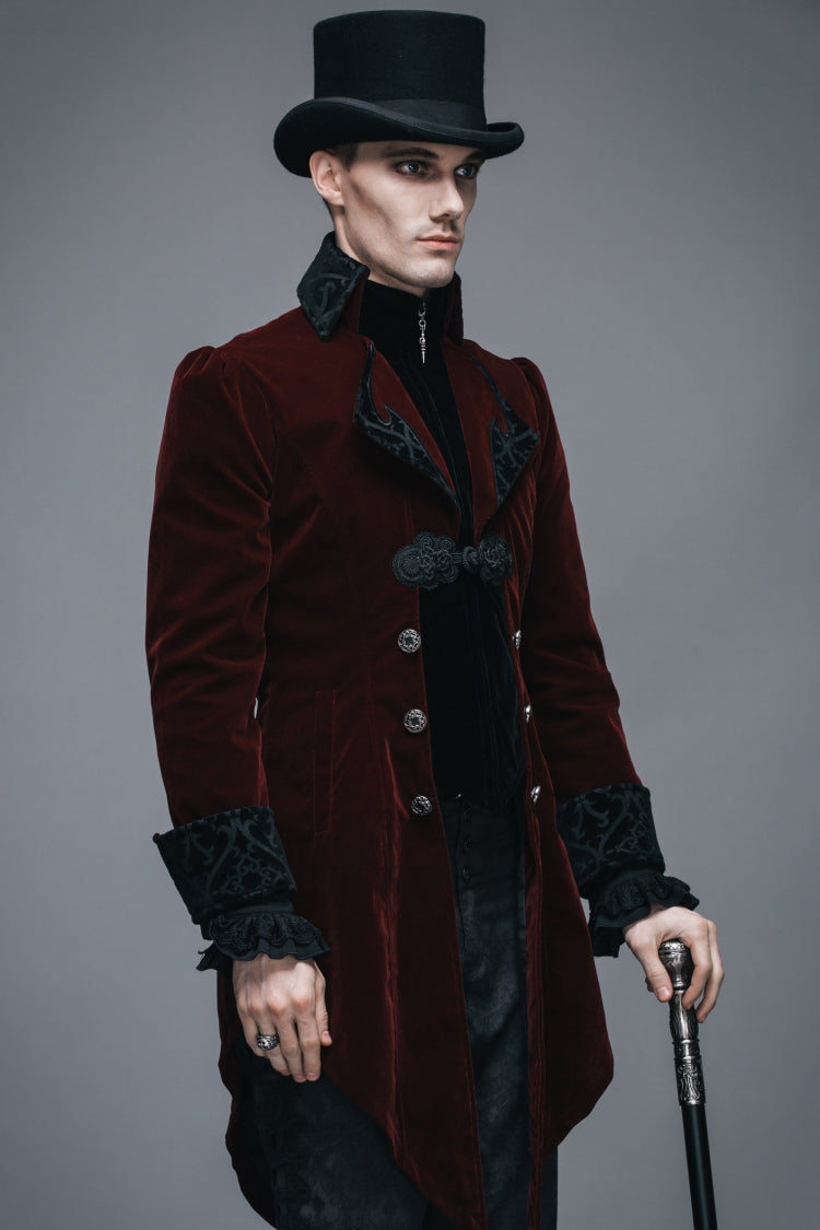 Wine Formal Party Turn Down Collar Long Sleeves Mens Gothic Swallowtail Coat
