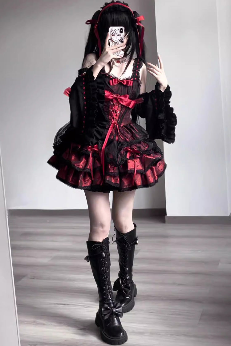Black/Red Sleeveless Multi-layer Ruffle Bowknot Lace-Up Gothic Princess Lolita Jsk Dress