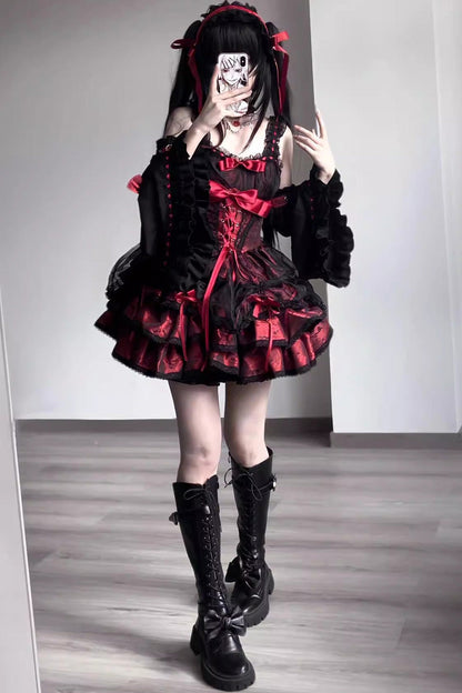 Black/Red Sleeveless Multi-layer Ruffle Bowknot Lace-Up Gothic Princess Lolita Jsk Dress