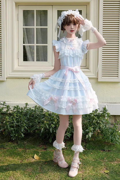 Blue [Frosted Cake] Stand Collar Sleeveless Ruffled Bow Lace Sweet Japanese Princess Lolita Tiered Dress