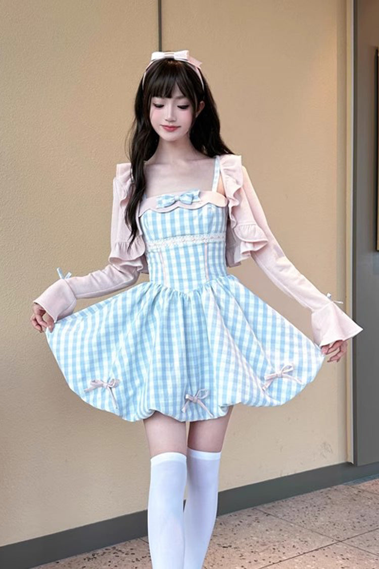 Blue [Sea Salt Strawberries] Sleeveless Plaid Print Bowknot Sweet Lolita Jsk Short Dress