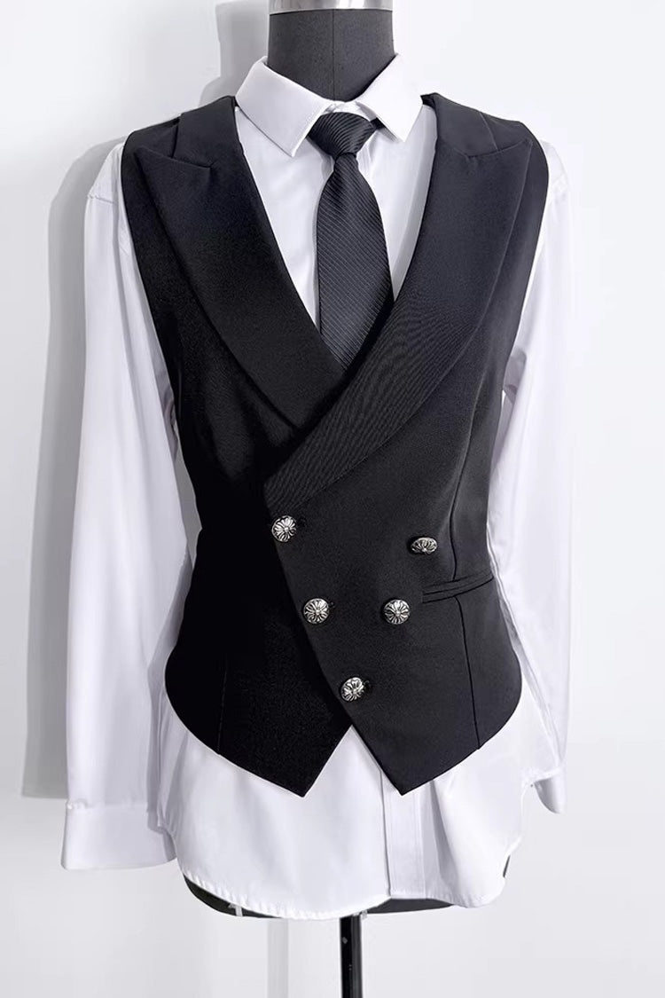 Black Sleeveless Ouji Gothic Lolita Waist-Cinching Vest with Silver Buttons