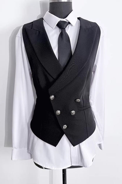 Black Sleeveless Ouji Gothic Lolita Waist-Cinching Vest with Silver Buttons