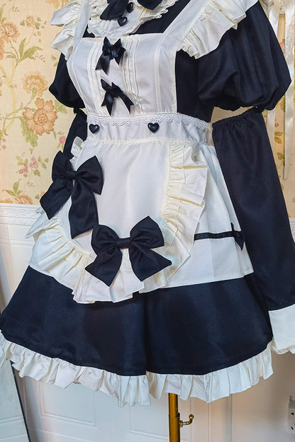 Black/White Short Sleeves Ruffle Bowknot Lace Plus Size Sweet Maid Short Lolita Dress