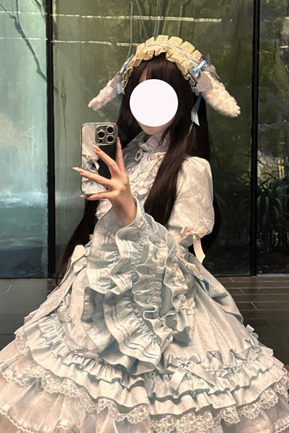 Blue [The Soloist Doll] Long Hime Sleeves Multi-Layered Print Ruffle Bowknot Asymmetric Sweet Lolita Dress
