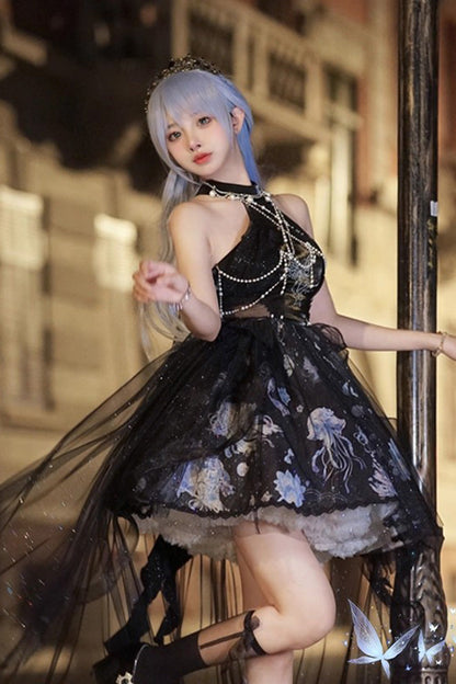 Blue [Deep Sea Jellyfish] Halterneck Sleeveless Print Embroidery Bowknot Lace Sweet Elegant Lolita Jsk Dress