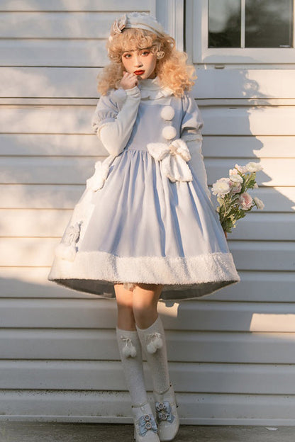 Blue Square Collar Short Sleeves Waist Bow Winter Star Sweet Lolita Dress