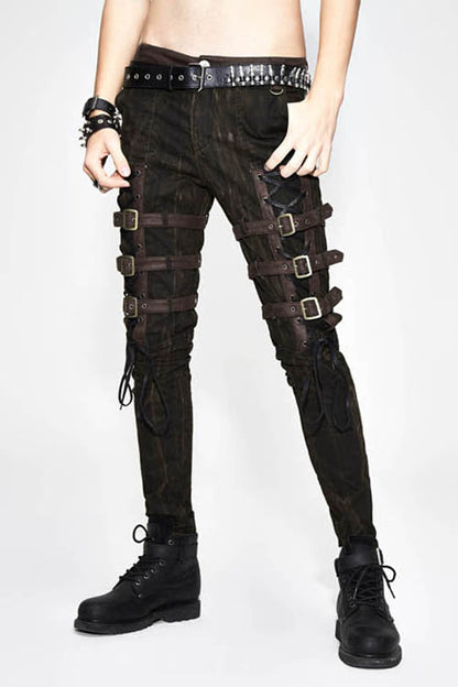 Brown Steampunk Multi Loops Embroider Lace Up Mens Pants