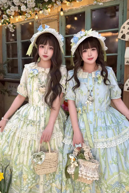 Ivory/Green [Lily of the Valley Perfume] Pearl Candy Tea Doll Collar Sleeveless Printed Lace Plus Size Sweet Lolita Jsk Dress