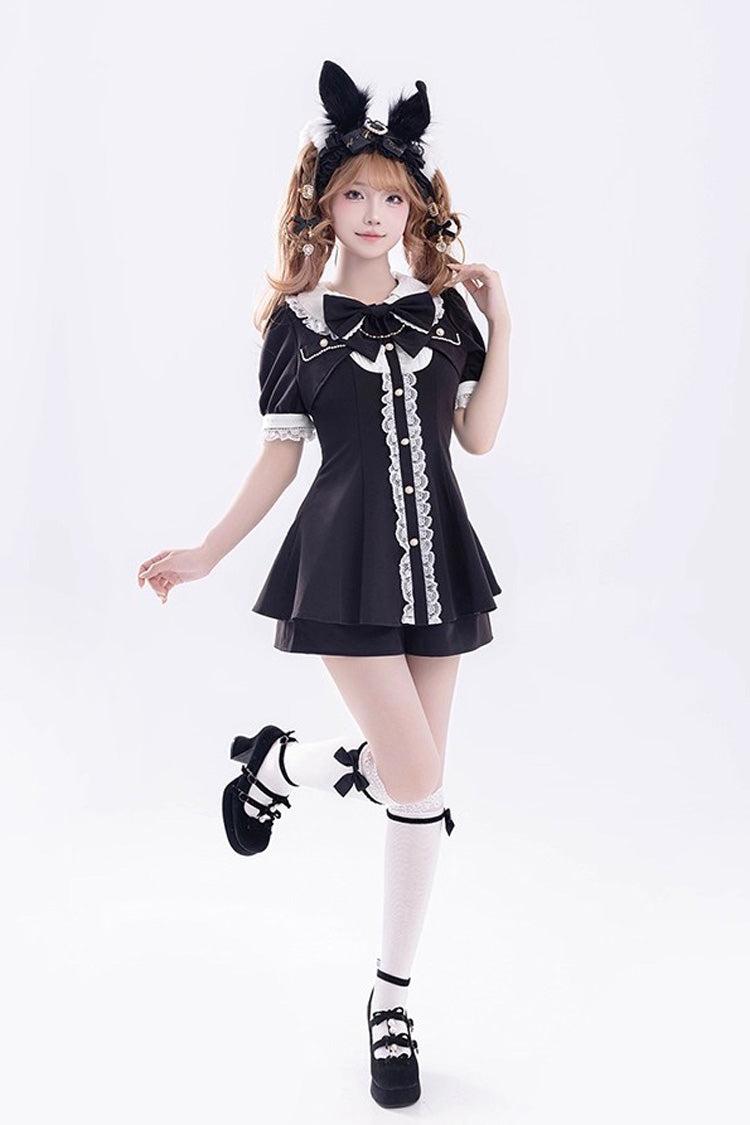 Black Short Sleeves Ruffle Bowknot Fake Two Pieces Jirai Kei Japanese Dress Shorts