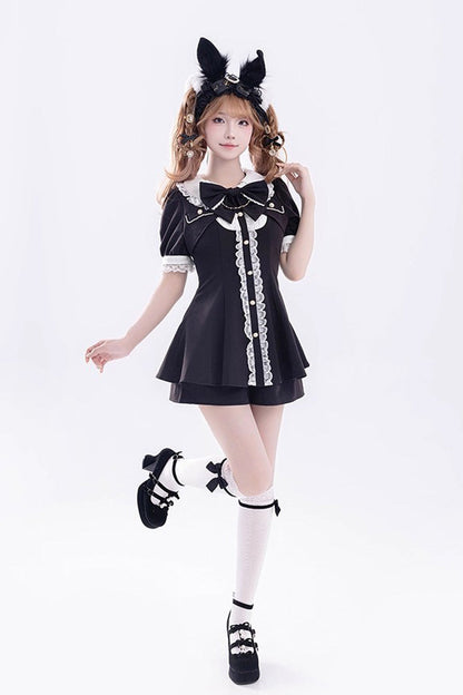 Black Short Sleeves Ruffle Bowknot Fake Two Pieces Jirai Kei Japanese Dress Shorts