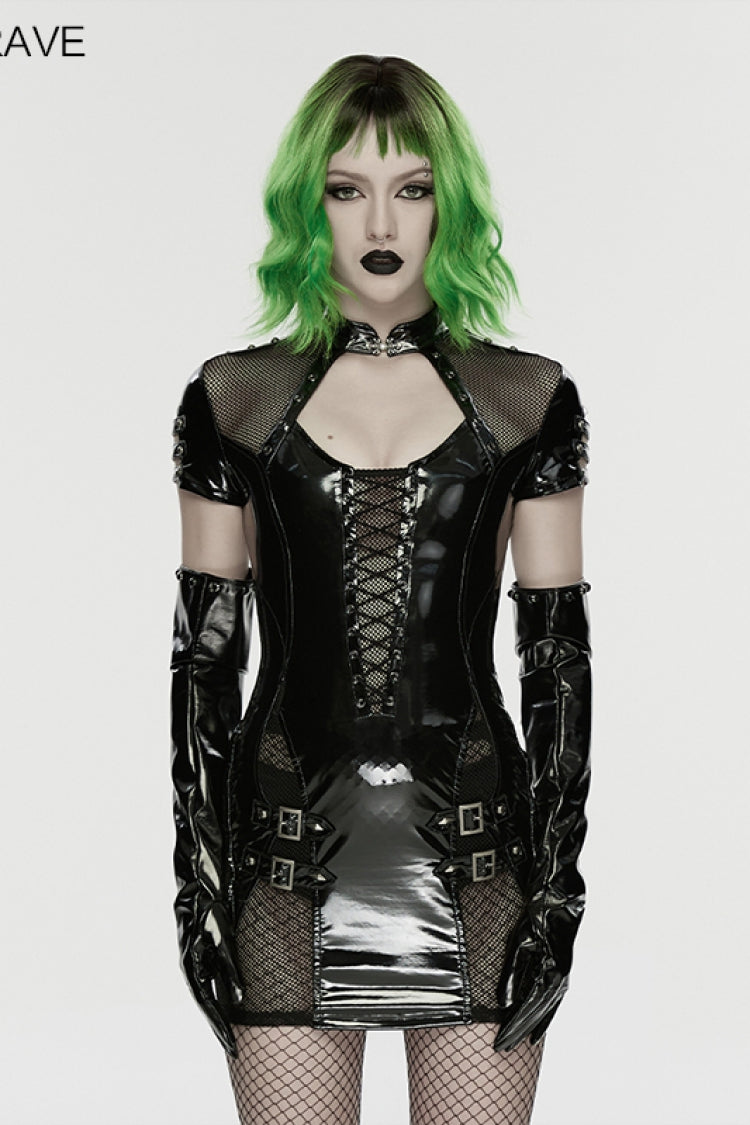 Black Stand Collar Short Sleeves Spliced Lace-Up Slim Mesh Buckled Women's Punk Handsome Dress