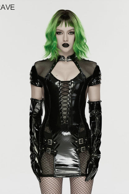 Black Stand Collar Short Sleeves Spliced Lace-Up Slim Mesh Buckled Women's Punk Handsome Dress