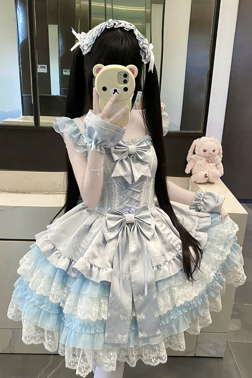 Blue [Misty Mountain Veil] Sleeveless Multi-Layered Ruffled Bow Lace Sweet Princess Ballet Lolita Jsk Dress