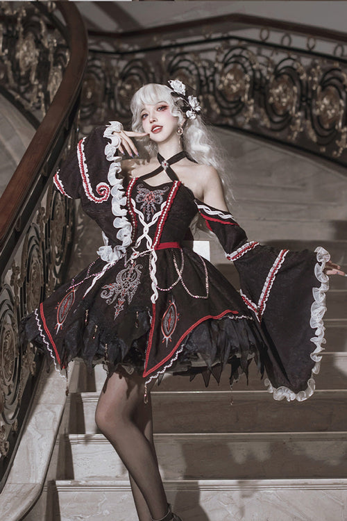 Black [Phantom Devourer] Off Shoulder Long Hime Sleeves Print Embroidery Gothic Lolita Dress