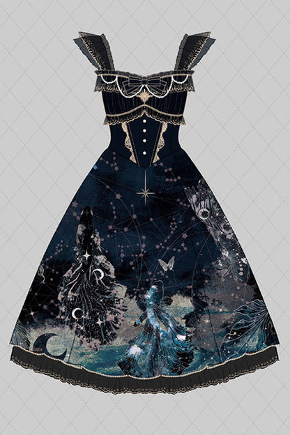 Black Ruffled Bow Star Moon Mermaid Print Gothic Lolita JSK Dress