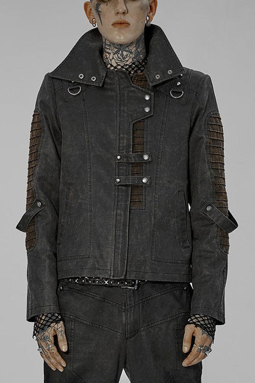 Grey Punk Post Apocalyptic Stitching Asymmetric High Neck Metal Embellished Short Loose Men's Coat