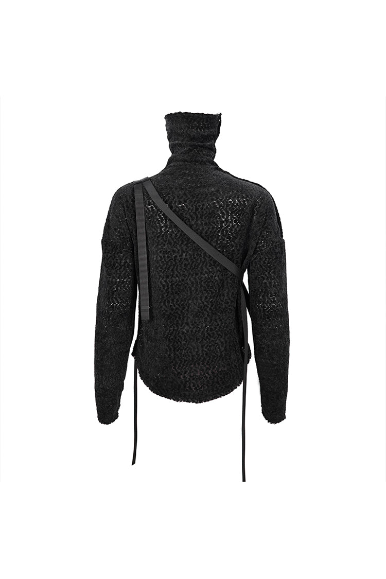 Black Texture Grainy Turtleneck Metal Buckle Through With Grommet Decoration Irregular Women's Punk Sweater