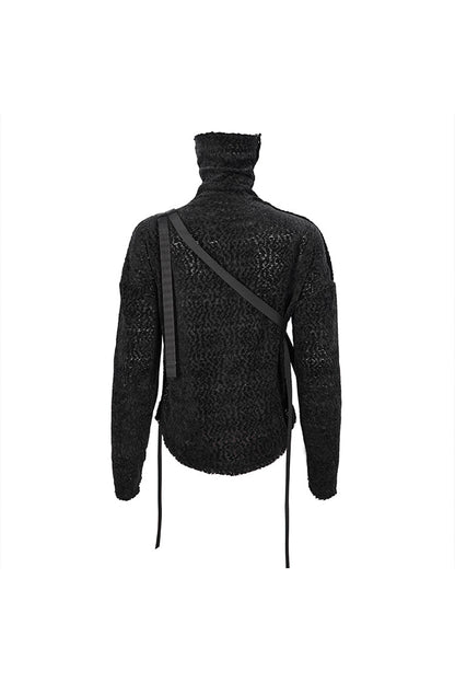Black Texture Grainy Turtleneck Metal Buckle Through With Grommet Decoration Irregular Women's Punk Sweater