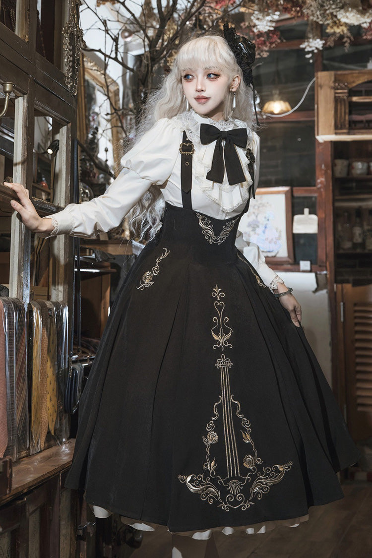 Black/White [Violin Variations] Ruffled Embroidered Gothic Lolita Jumper Dress Set