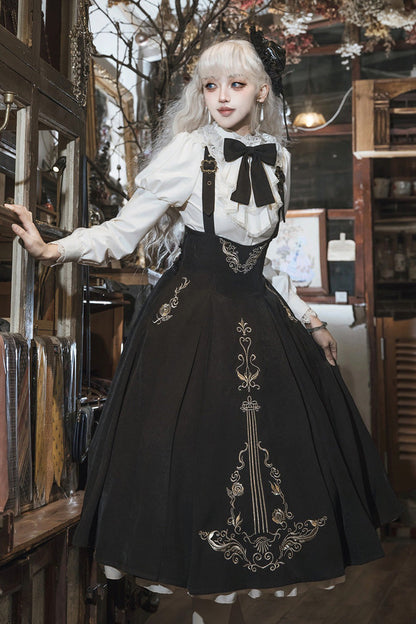 Black/White [Violin Variations] Ruffled Embroidered Gothic Lolita Jumper Dress Set
