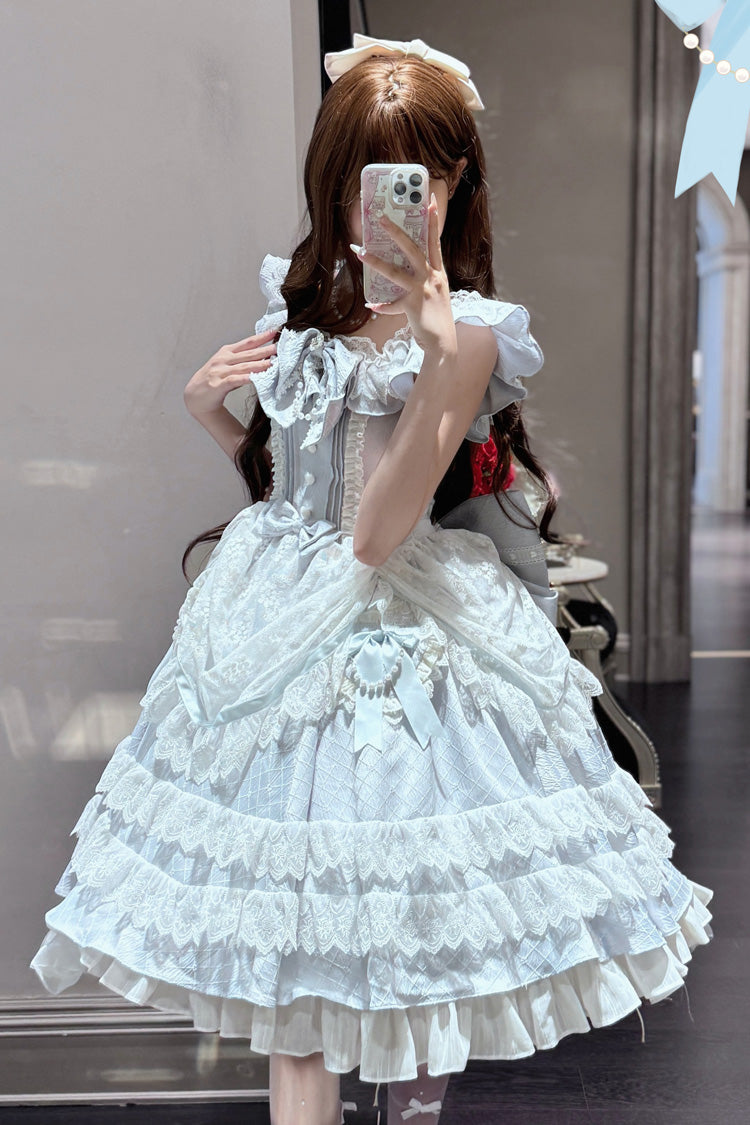 Blue [Fairy Tale Advent] Multi-Layered Ruffle Bowknot Lace Sweet Princess Gorgeous Lolita Tiered Dress
