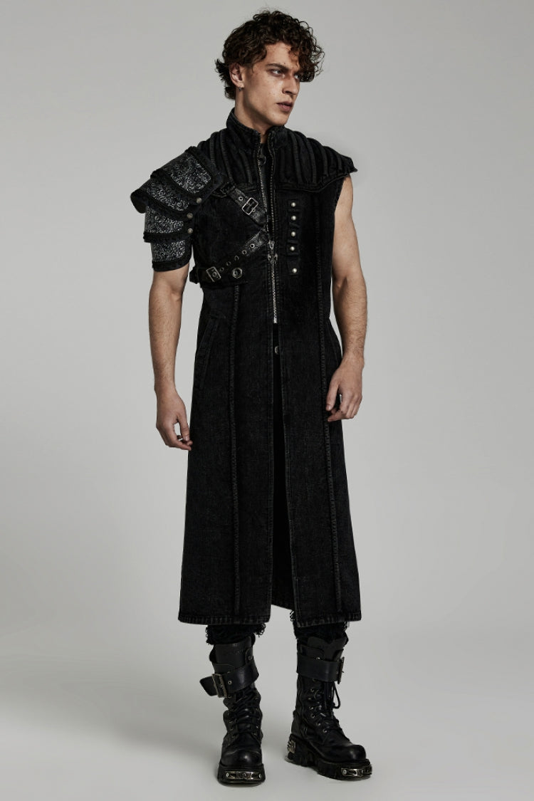 Black Stand Collar High Waisted Slim Men's Gothic Long Vest