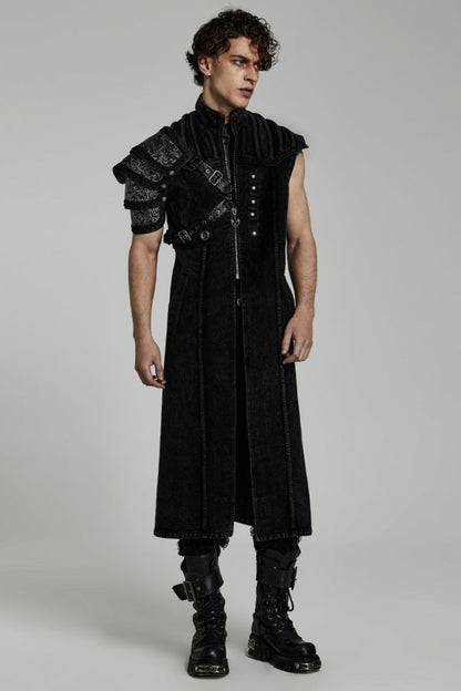Black Stand Collar High Waisted Slim Men's Gothic Long Vest