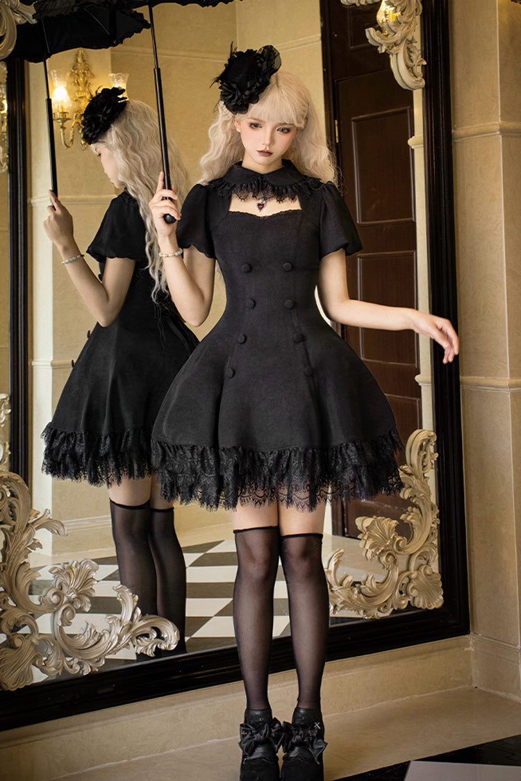 Black [Midnight Whisper] Double-breasted Short Sleeves Hollow Gothic Lolita Dress