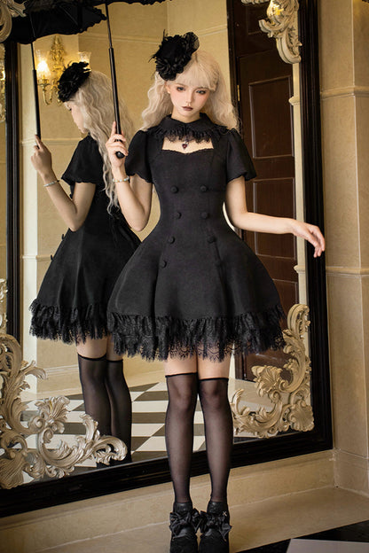 Black [Midnight Whisper] Double-breasted Short Sleeves Hollow Gothic Lolita Dress