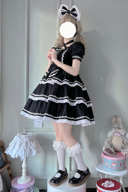 Black Triple-Layered Detachable Sleeves Bowknot Lace-Up Gothic Lolita Dress