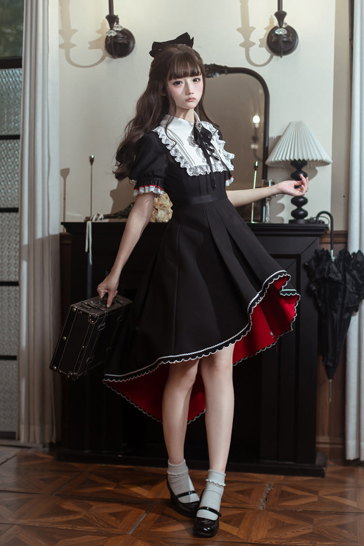 Black/White [Rosalind] Lapel Collar Short Sleeves Bow Lace Gothic Maid Lolita Dress