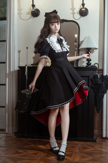 Black/White [Rosalind] Lapel Collar Short Sleeves Bow Lace Gothic Maid Lolita Dress