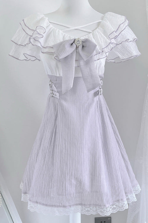 Purple Short Sleeves Ruffle Bowknot Lace Jirai Kei Japanese Dress
