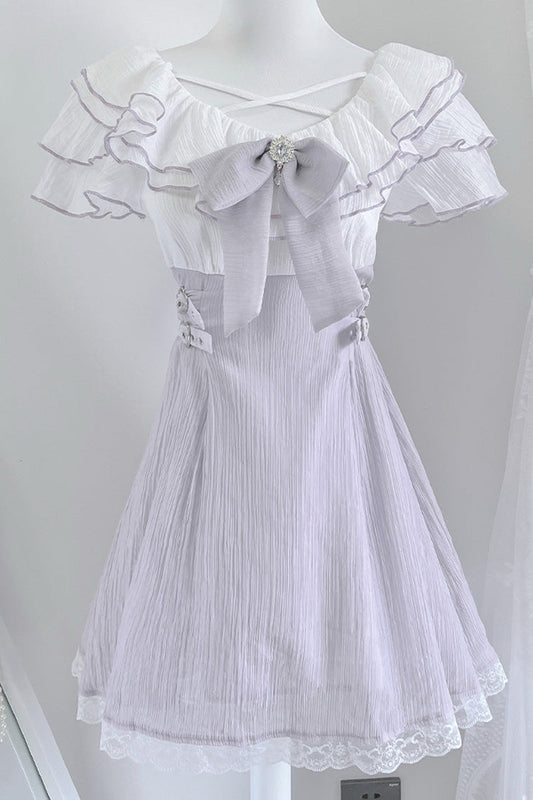 Purple Short Sleeves Ruffle Bowknot Lace Jirai Kei Japanese Dress